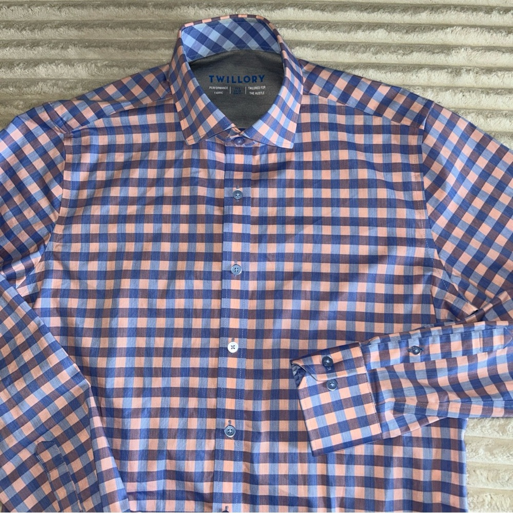 Twillory Gingham‎ Blue and Pink Checkered Dress Shirt - Picture 4 of 5